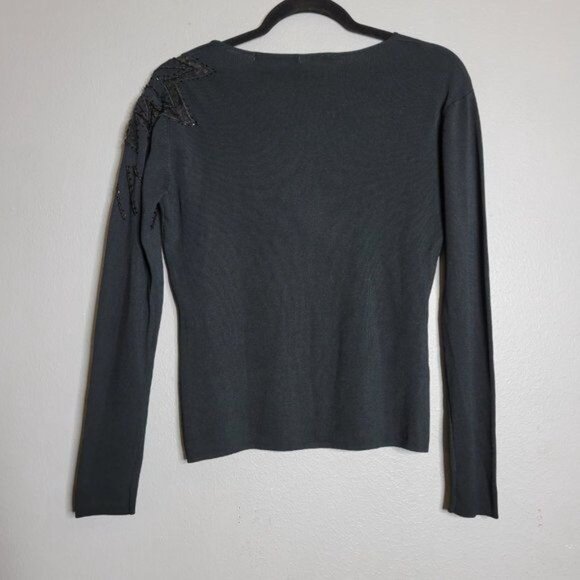 Vintage Fitted Ribbed Applique Beaded Shoulder Detail 3/4 Sleeve Black sz L - Picture 6 of 7